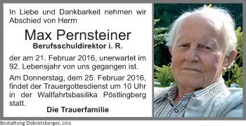Traueranzeige von Max Pernsteiner von OÖNachrichten