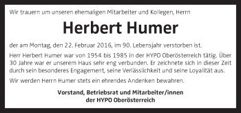 Traueranzeige von Herbert Humer von OÖNachrichten