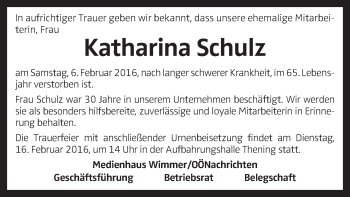 Traueranzeige von Katharina Schulz von OÖNachrichten