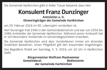 Traueranzeige von Franz Dunzinger von OÖNachrichten