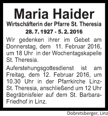 Traueranzeige von Maria Haider von OÖNachrichten