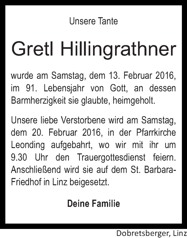  Traueranzeige für Gretl Hillingrathner vom 17.02.2016 aus OÖNachrichten