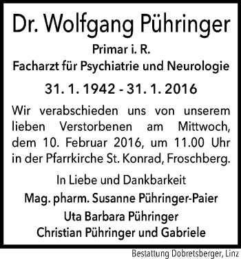 Traueranzeige von Wolfgang Pühringer von OÖNachrichten
