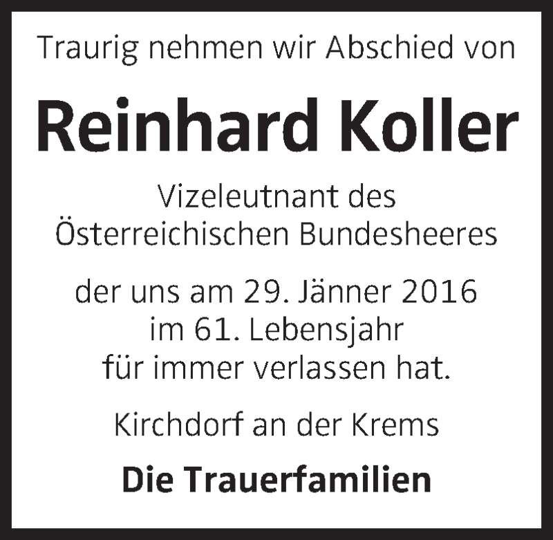  Traueranzeige für Reinhard Koller vom 04.02.2016 aus OÖNachrichten