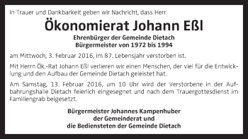 Traueranzeige von Johann Eßl von OÖNachrichten