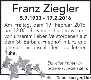 Traueranzeige von Franz Ziegler von OÖNachrichten