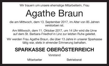 Traueranzeige von Agathe Braun von OÖNachrichten