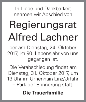 Traueranzeige von Alfred Lachner von OÖNachrichten