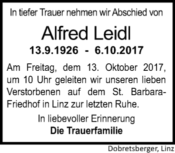 Traueranzeige von Alfred Leidl von OÖNachrichten