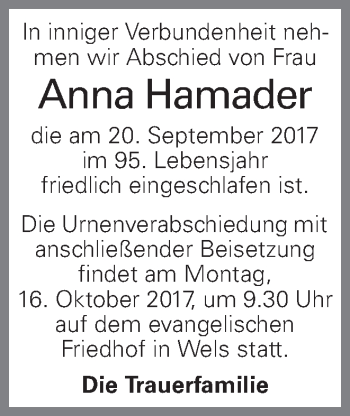 Traueranzeige von Anna Hamader von OÖNachrichten