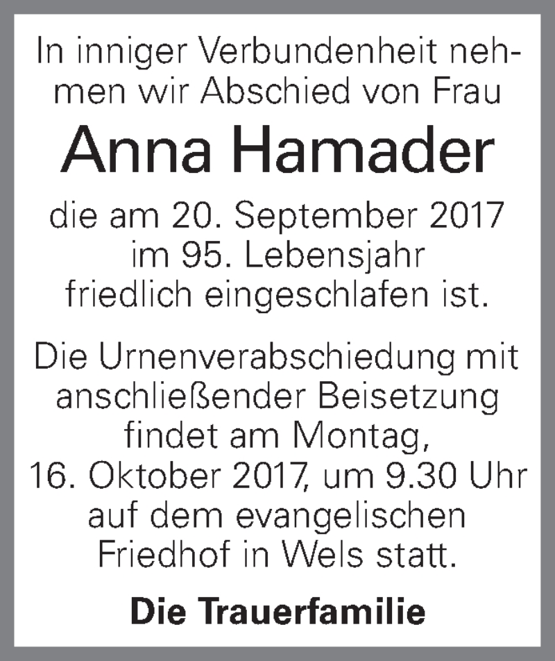  Traueranzeige für Anna Hamader vom 27.09.2017 aus OÖNachrichten