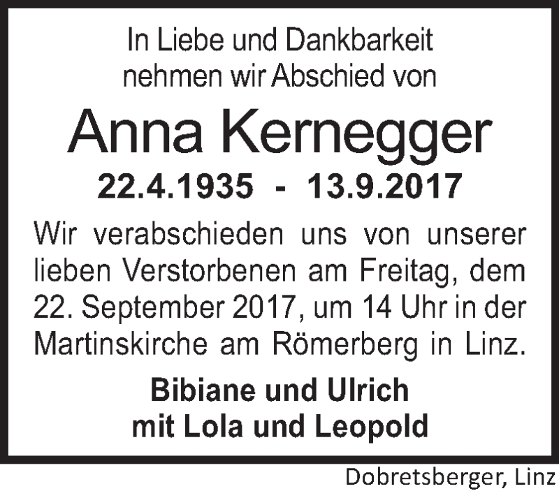  Traueranzeige für Anna Kernegger vom 19.09.2017 aus OÖNachrichten