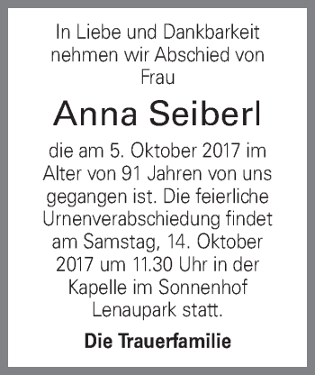 Traueranzeige von Anna Seiberl von OÖNachrichten