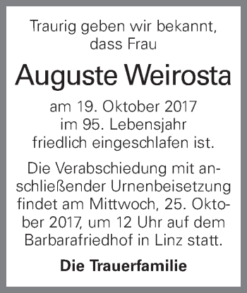 Traueranzeige von Auguste Weirosta von OÖNachrichten