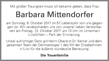 Traueranzeige von Barbara Mittendorfer von OÖNachrichten