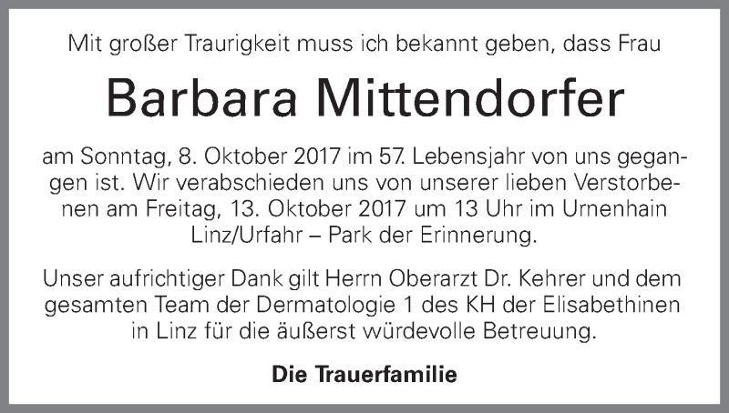  Traueranzeige für Barbara Mittendorfer vom 13.10.2017 aus OÖNachrichten