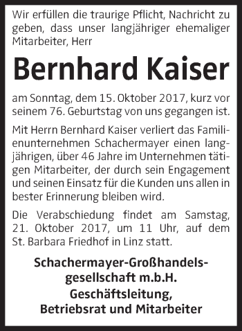 Traueranzeige von Bernhard Kaiser von OÖNachrichten