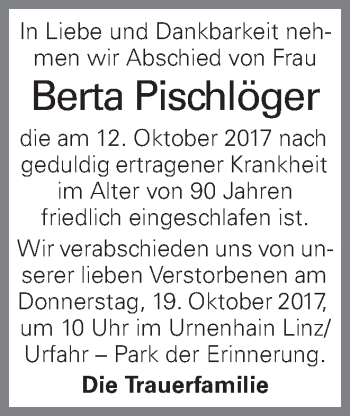 Traueranzeige von Berta Pischlöger von OÖNachrichten