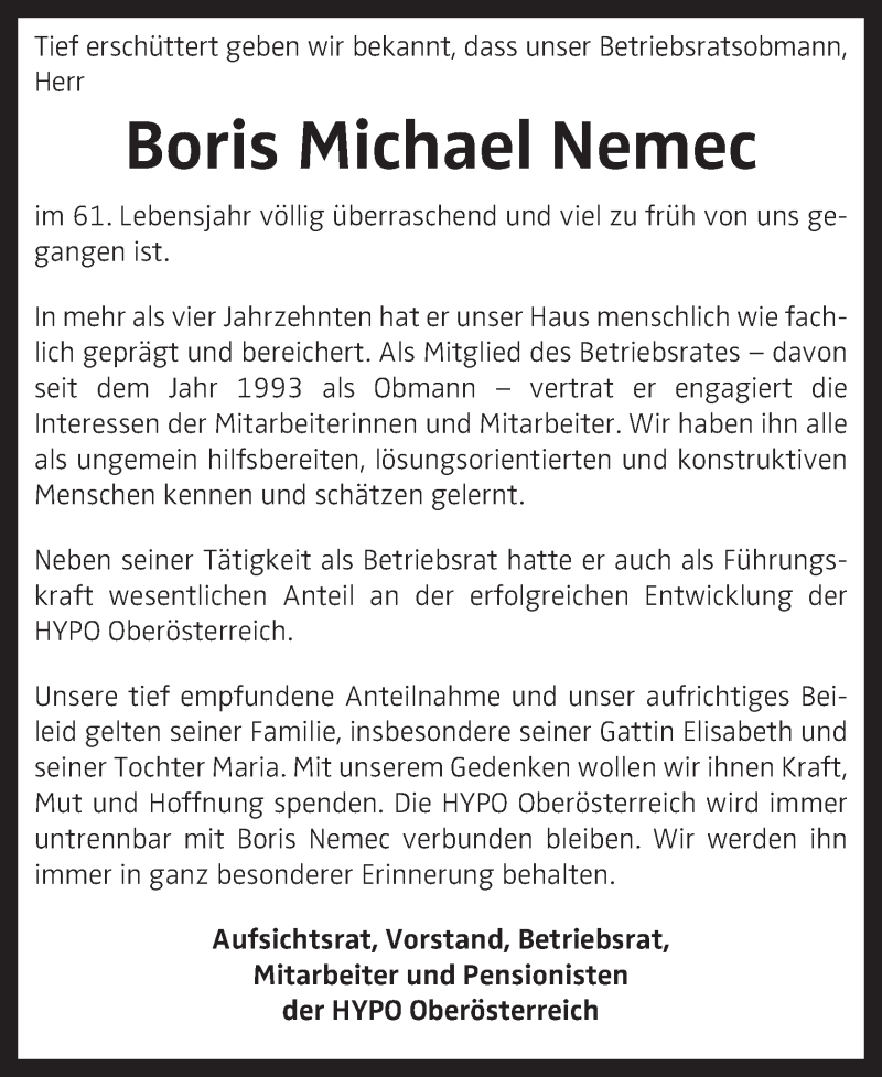  Traueranzeige für Boris Michael Nemec vom 28.10.2017 aus OÖNachrichten