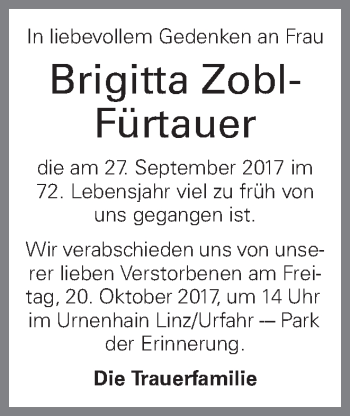 Traueranzeige von Brigitta Zobl-Fürtauer von OÖNachrichten