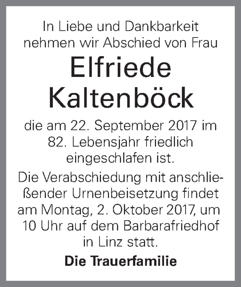  Traueranzeige für Elfriede Kaltenböck vom 29.09.2017 aus OÖNachrichten