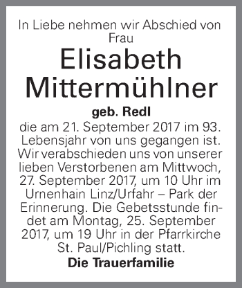 Traueranzeige von Elisabeth Mittermühlner von OÖNachrichten