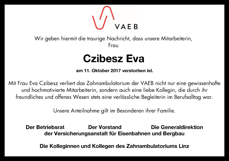  Traueranzeige für Eva Czibesz vom 14.10.2017 aus OÖNachrichten