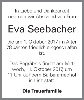 Traueranzeige von Eva Seebacher von OÖNachrichten