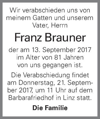 Traueranzeige von Franz Brauner von OÖNachrichten