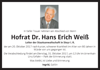 Traueranzeige von Hans Erich Weiß von OÖNachrichten