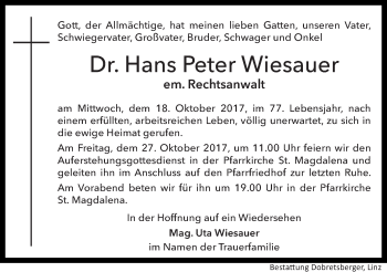 Traueranzeige von Hans Peter Wiesauer von OÖNachrichten