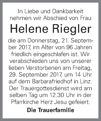 Traueranzeige von Helene Riegler von OÖNachrichten