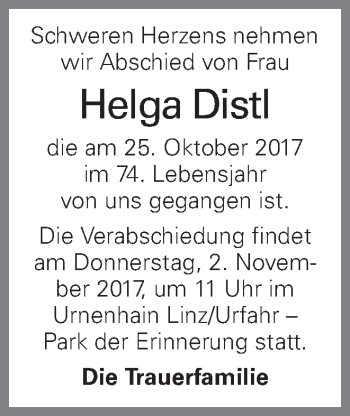 Traueranzeige von Helga Distl von OÖNachrichten