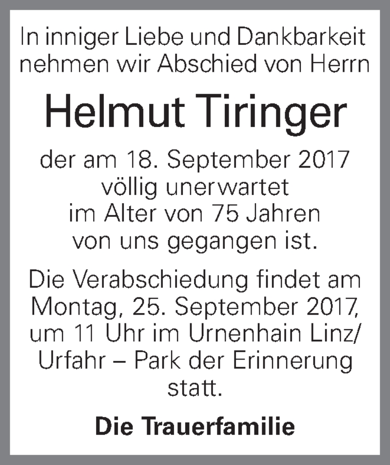  Traueranzeige für Helmut Tiringer vom 21.09.2017 aus OÖNachrichten