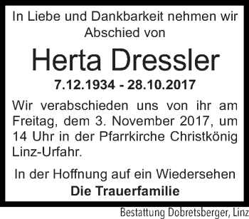 Traueranzeige von Herta Dressler von OÖNachrichten