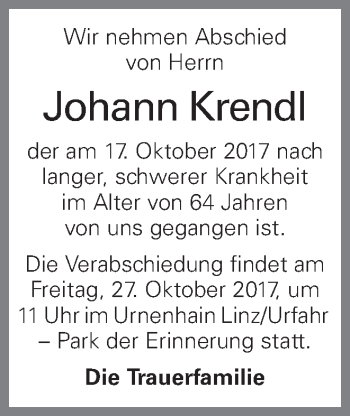 Traueranzeige von Johann Krendl von OÖNachrichten