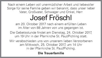 Traueranzeige von Josef Fröschl von OÖNachrichten