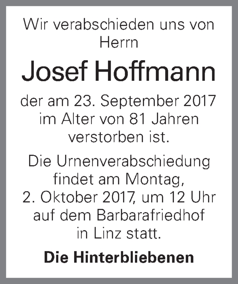  Traueranzeige für Josef Hoffmann vom 27.09.2017 aus OÖNachrichten