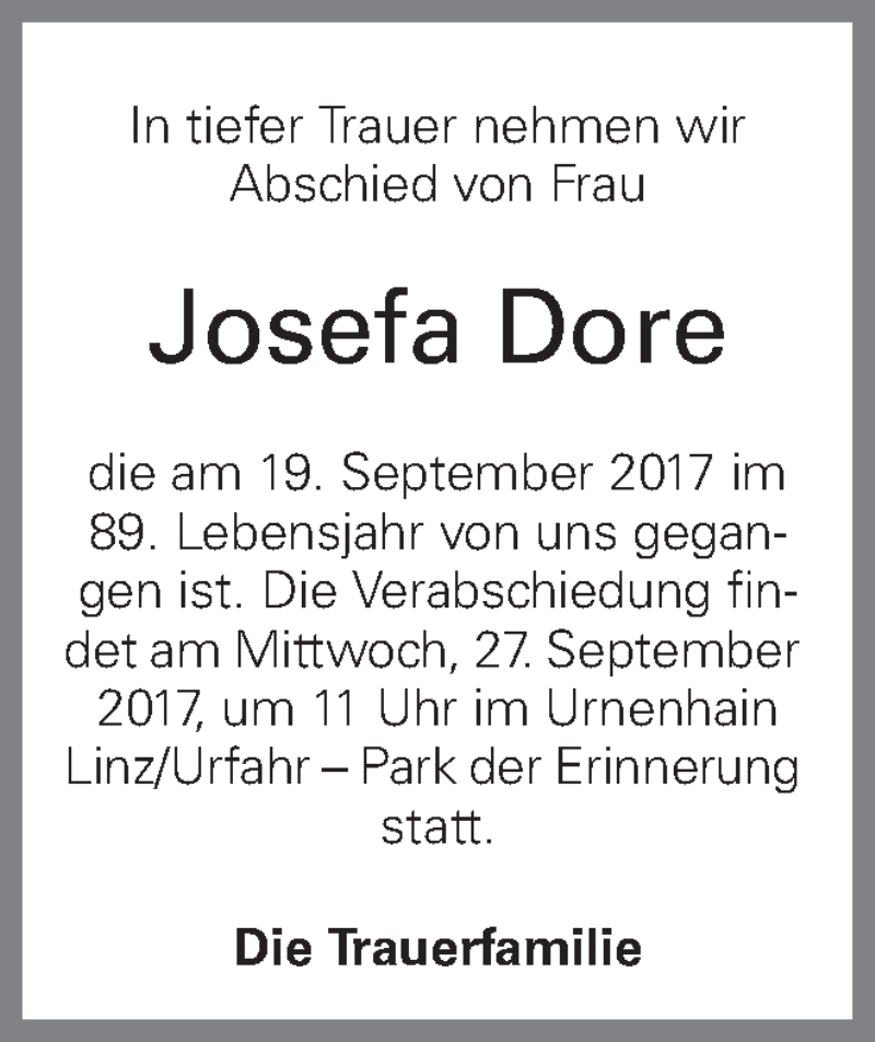  Traueranzeige für Josefa Dore vom 23.09.2017 aus OÖNachrichten