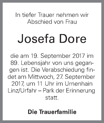 Traueranzeige von Josefa Dore von OÖNachrichten