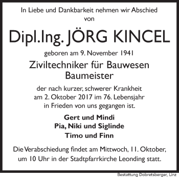 Traueranzeige von Jörg Kincel von OÖNachrichten