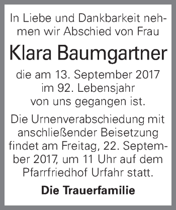 Traueranzeige von Klara Baumgartner von OÖNachrichten
