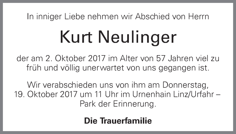  Traueranzeige für Kurt Neulinger vom 13.10.2017 aus OÖNachrichten