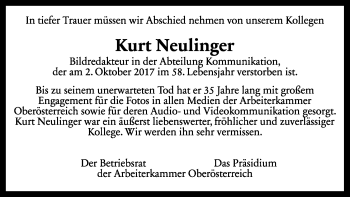 Traueranzeige von Kurt Neulinger von OÖNachrichten