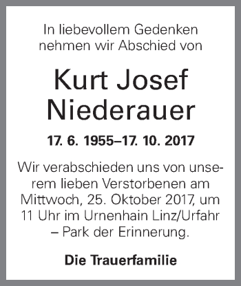 Traueranzeige von Kurt Josef Niederauer von OÖNachrichten