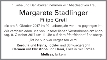 Traueranzeige von Margarete Stadlinger von OÖNachrichten