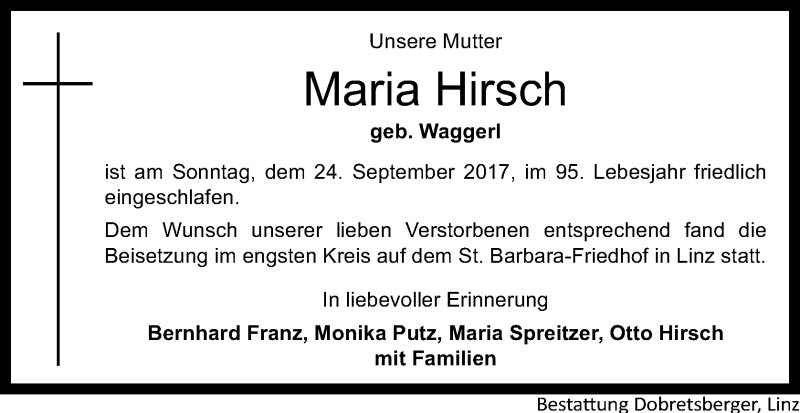  Traueranzeige für Maria Hirsch vom 30.09.2017 aus OÖNachrichten