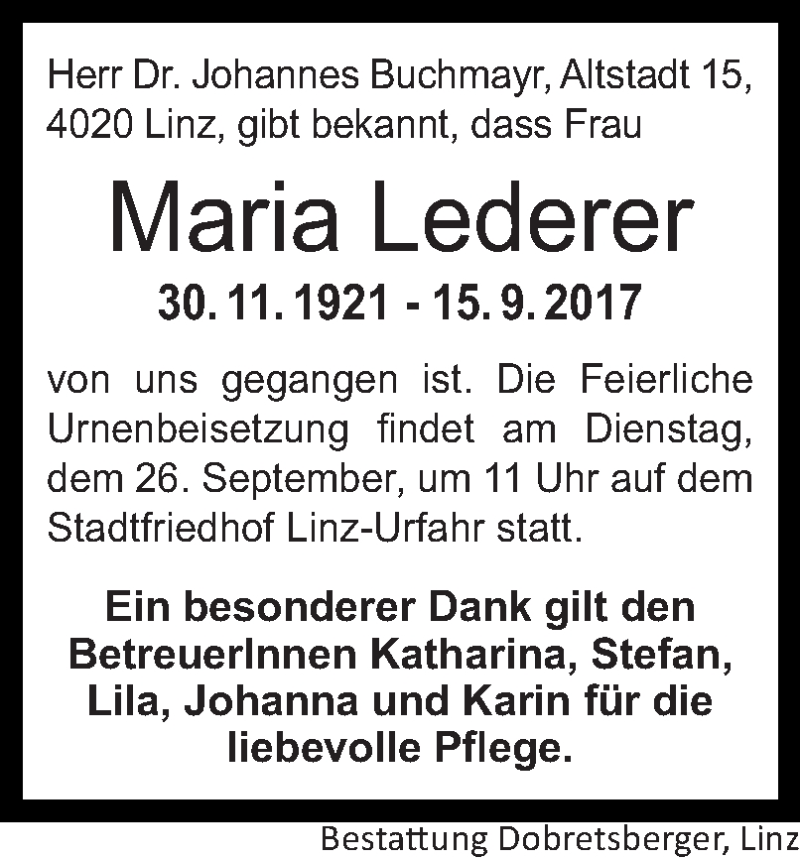  Traueranzeige für Maria Lederer vom 23.09.2017 aus OÖNachrichten