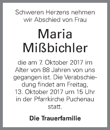Traueranzeige von Maria Mißbichler von OÖNachrichten