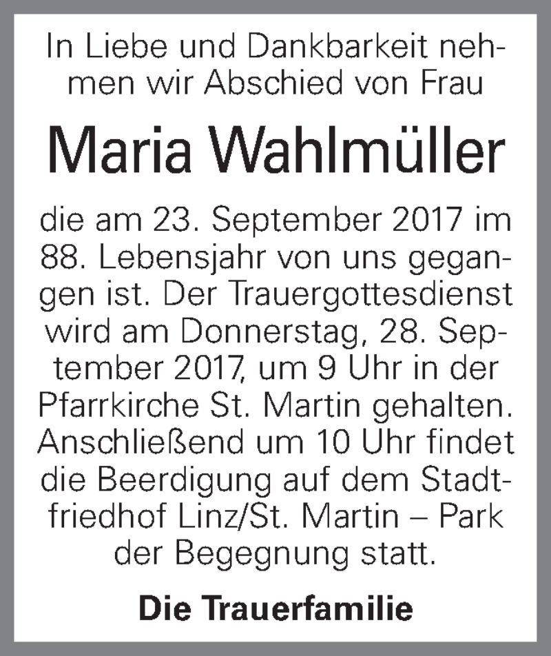  Traueranzeige für Maria Wahlmüller vom 27.09.2017 aus OÖNachrichten